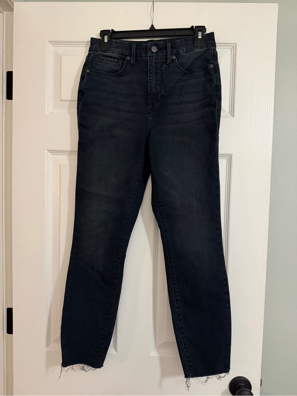 Good American Dark Wash Waist Crop Skinny Raw Hem Denim Jeans